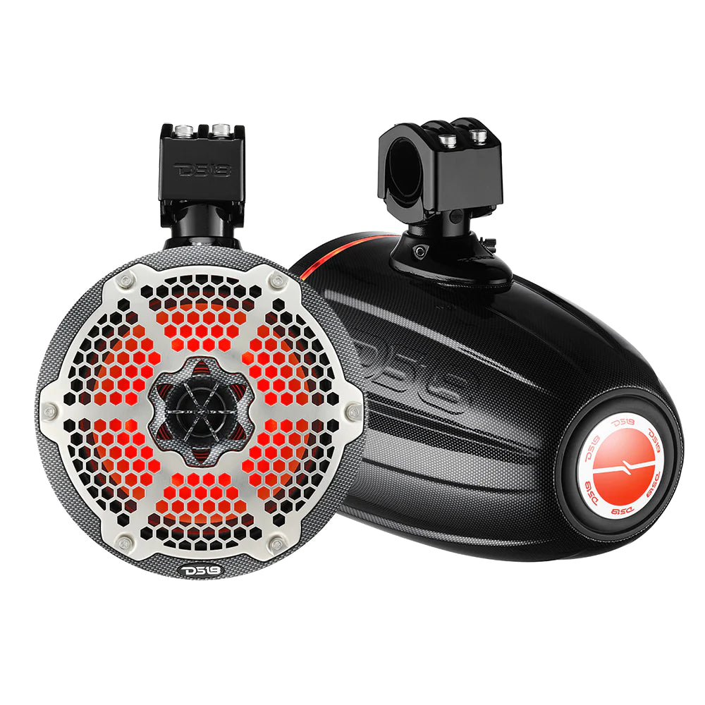 DS18 X Series HYDRO 8" 2-Way Wakeboard Pod Tower Speakers w/ 1 Driver & RGB Lights 550W Black Carbon