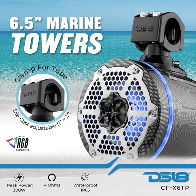 DS18 X Series HYDRO 6.5" Wakeboard Pod Tower Speaker w/ RGB LED Light 300W Black Carbon Fiber